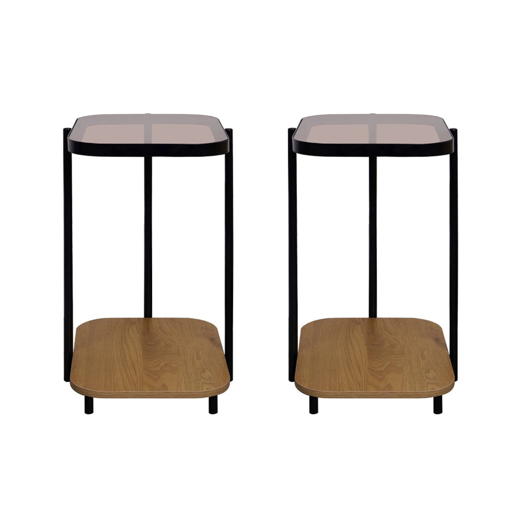 Set di 2 tavolini da divano vintage in metallo nero e vetro, marrone