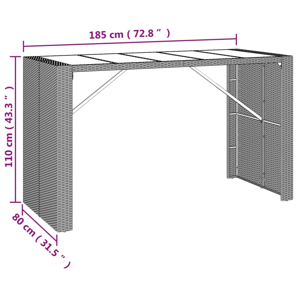 Tavolo Bar con Piano in Vetro Marrone 185x80x110 cm Polyrattan 362599