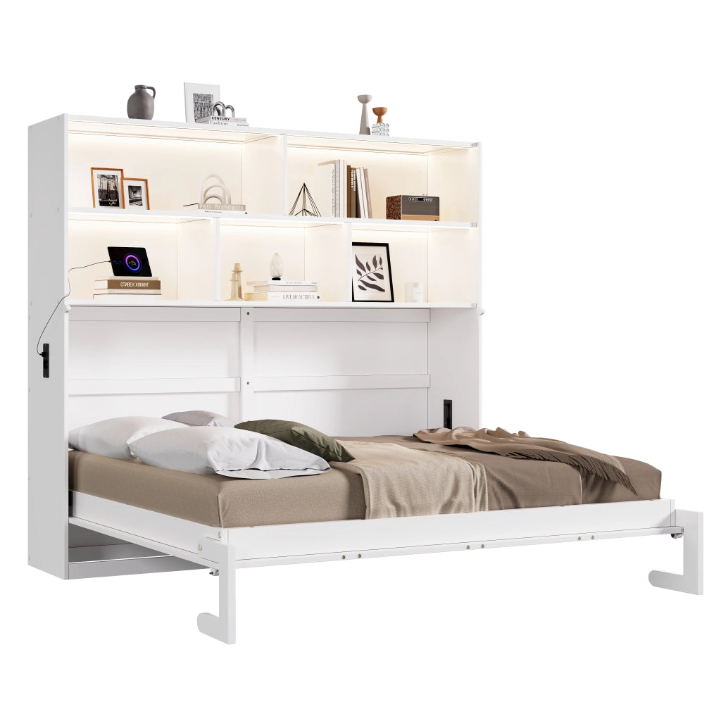 Letto trasformabile singolo 90x200 cm con vano contenitore, LED, prese USB/Type-C, bianco