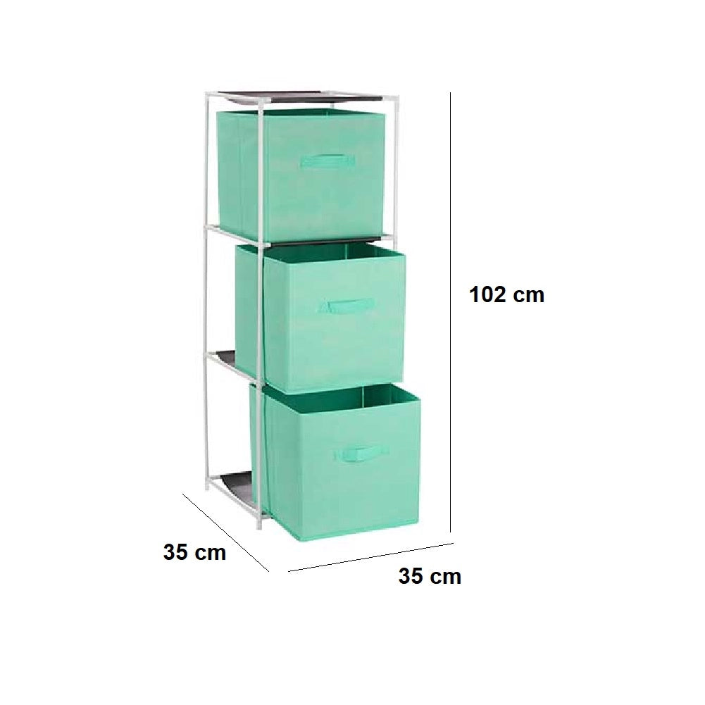 Cassettiera Multiuso in Metallo 3Cassetti in Stoffa 35x35 H 102cm Verde Salvaspazio