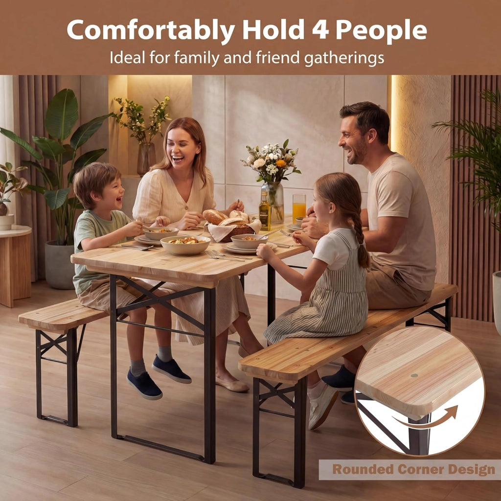 Tavolo e Panche da Birreria Pieghevoli in Legno Massello, Gambe in Metallo Resistenti, Set da Giardino Esterno per 4 Persone per Campeggio, Picnic e Incontri all'Aperto, 118 x 50 x 75 cm