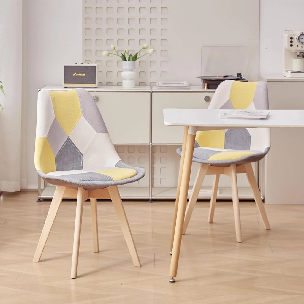 GrandCA HOME Set di 2 Sedie da Pranzo Scandinave con Cuscino del Sedile in Tessuto Patchwork Staccabile e Gambe in Legno di Faggio, per Soggiorno, Sala da Pranzo, Cucina, Patchwork Giallo