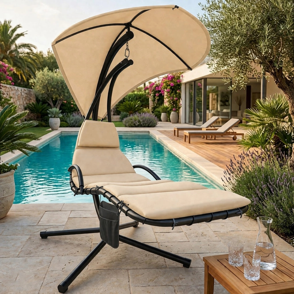 Sdraio A Sospensione Con Ombrellone Beige E Cuscino Ergonomico Amaca Da Giardino In Poliestere Resistente Per Arredamento Esterno Terrazzo Bordo Piscina Formato 195x132x197 Cm