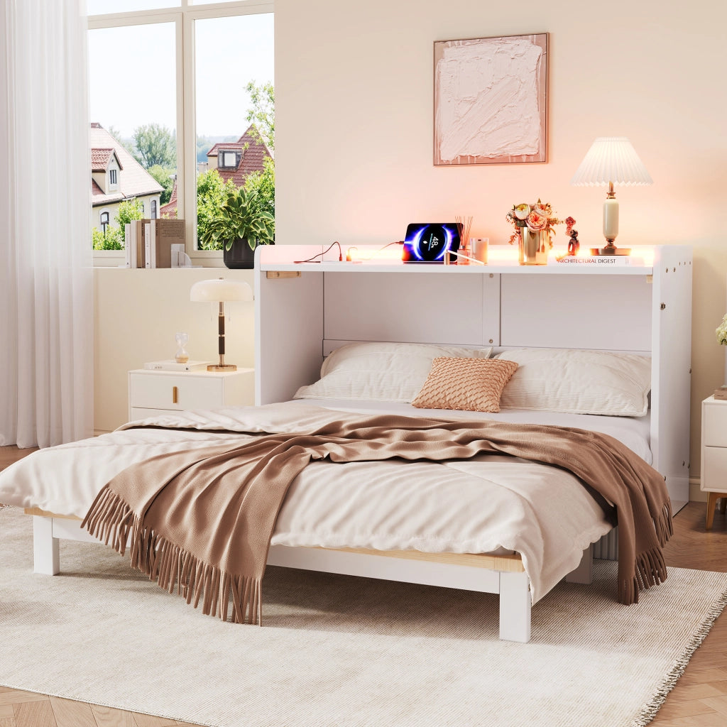 Letto a scomparsa 140 × 200 cm con cassetti, USB, presa e striscia LED, senza materasso, bianco lucido