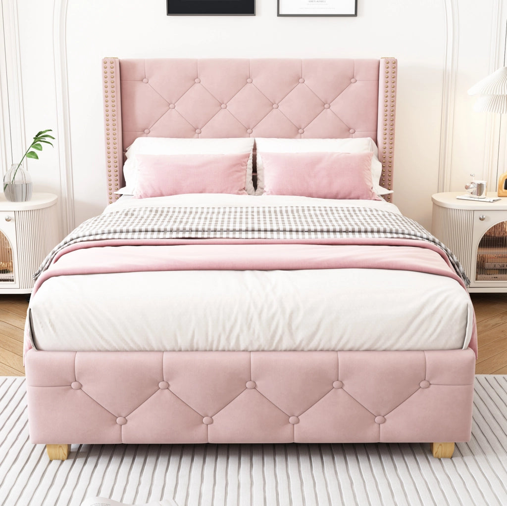 Letto imbottito 90x200 cm in velluto rosa con testiera capitonné e rete a doghe