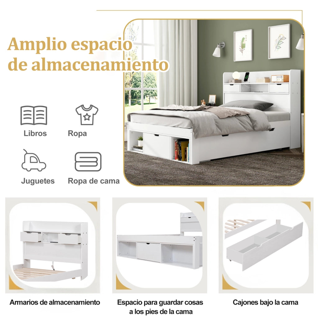 Letto singolo 90x190 cm per bambini e ragazzi con porta USB; cassetto e ampio vano portaoggetti; bianco