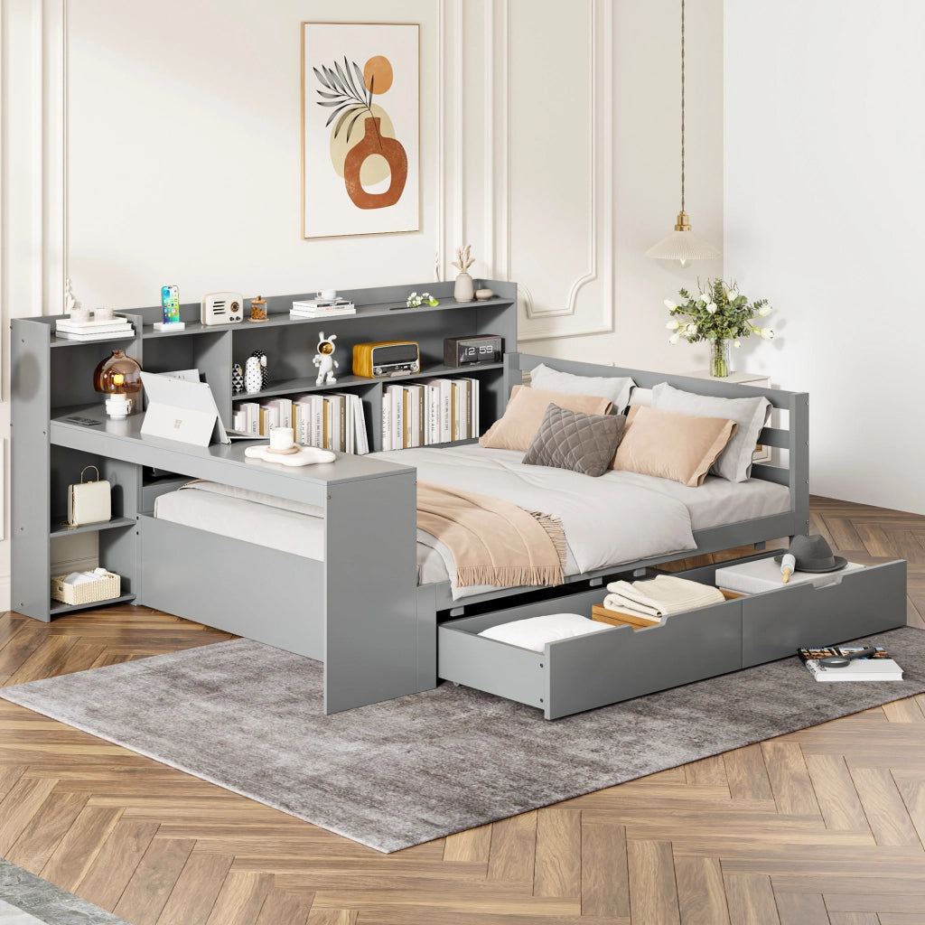 Letto a Soppalco con Scrivania e Libreria ¨C MINIMAL ¨C Legno Massello Grigio 140x200