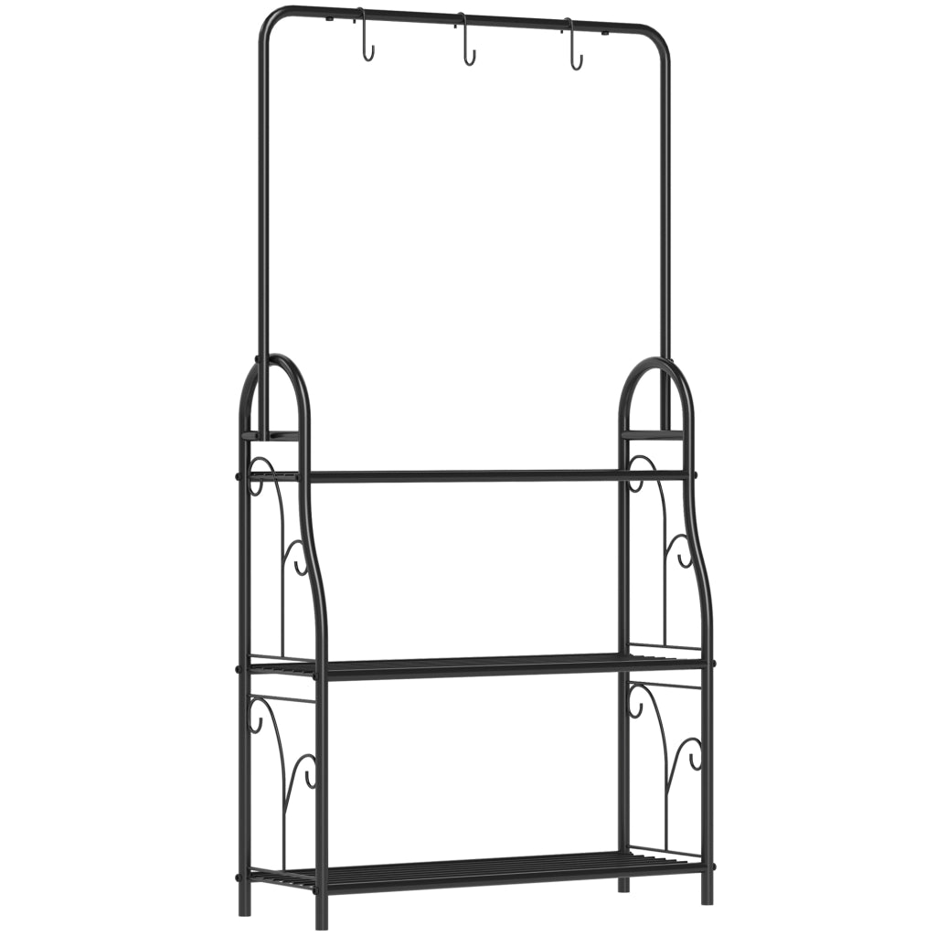 Portapiante a 3 livelli con barra appendiabiti e ganci, struttura in metallo verniciato a polvere, nero, 75 x 25 x 137 cm