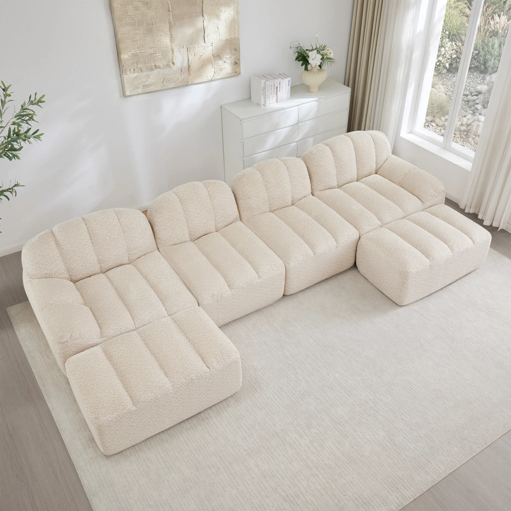 Divano angolare modulare 4 posti con ottomani e seduta ampia per soggiorno in pile granulato beige bianco