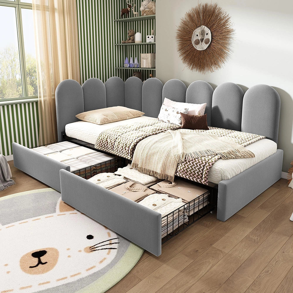 Letto imbottito singolo con cassetti - Xylo - 90x190cm - Grigio - Divano letto con contenitore