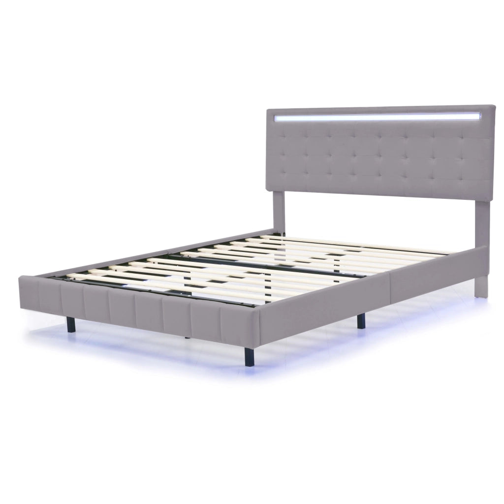 OKWISH Letto Imbottito 140×200 cm, Letto Matrimoniale con Piedini Nascosti, LED Regolabile e Testiera, senza Materasso, Grigio