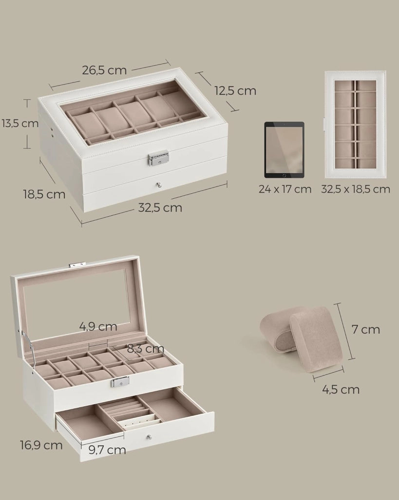 Porta Orologi a 12 Posti, Scatola Portaorologi a 2 Livelli, Coperchio in Vetro, Chiusura, Cassetto, Idea Regalo, Superficie in PU Bianca Nuvola, Interno Beige Cappuccino JWB012W01