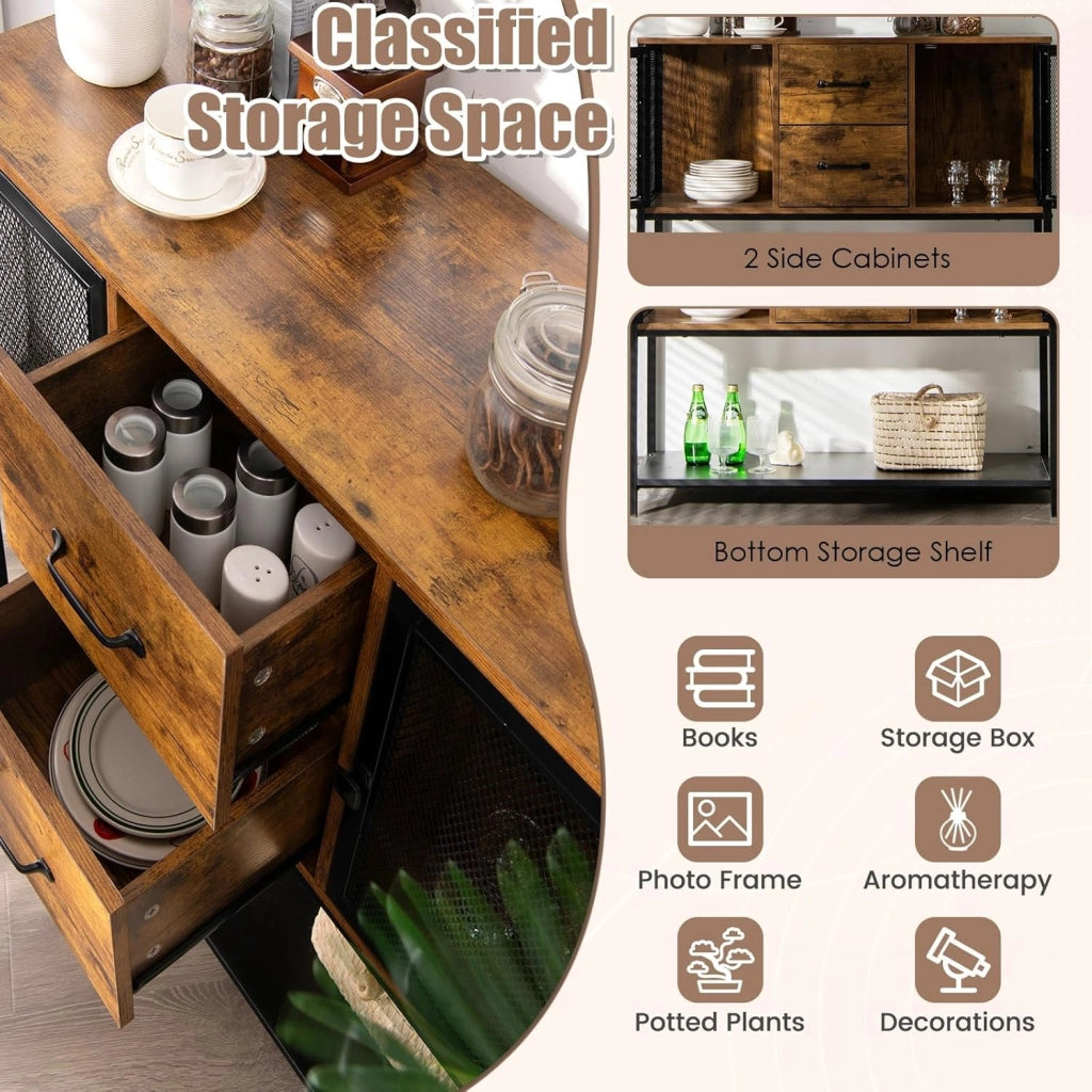 Armadietto Portaoggetti Industriale, Credenza da Cucina con Cassetti, Ante in Rete Metallica e Ripiani, Mobile Portaoggetti per Cucina Soggiorno, Sala da Pranzo, Marrone, 100 x 40 x 78 cm