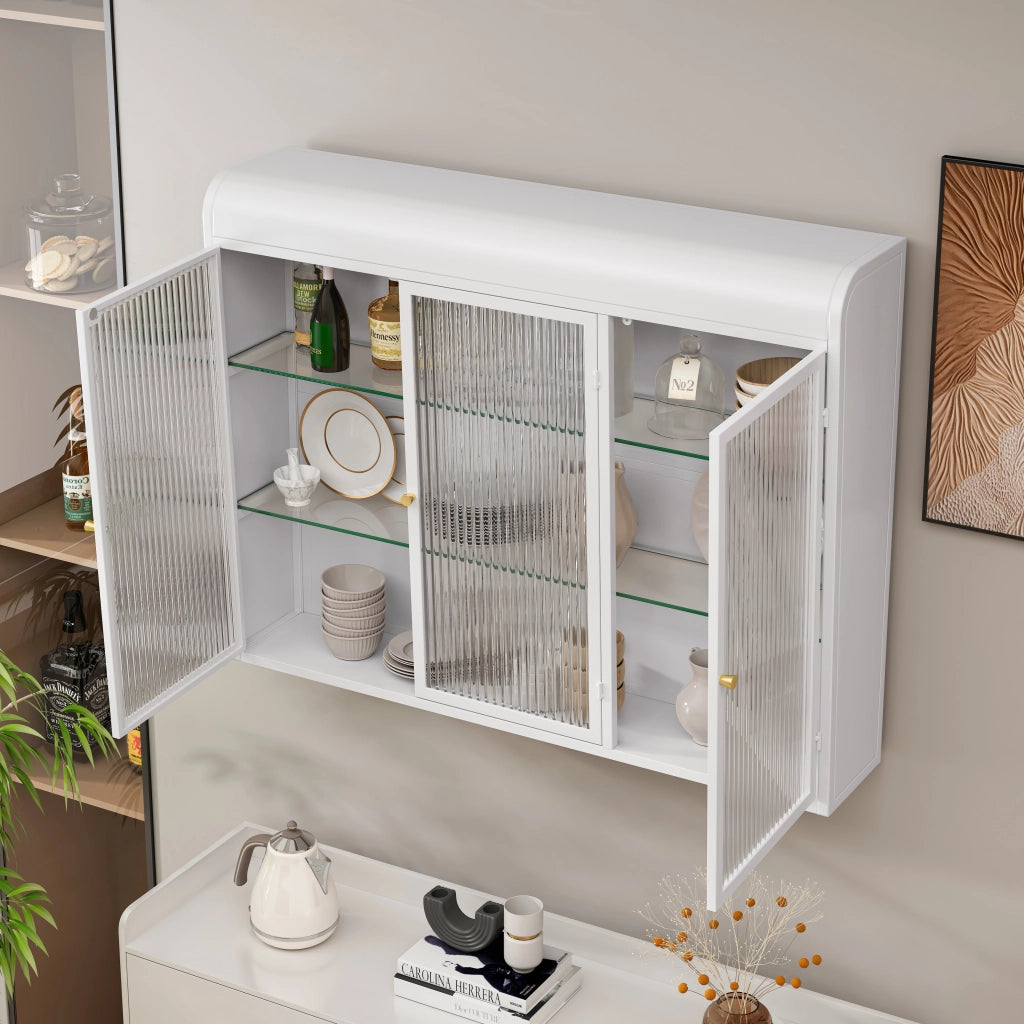 Pensile con 3 Ante in vetro; per Cucina Bagno Soggiorno; in Vetro e Metallo; Bianco