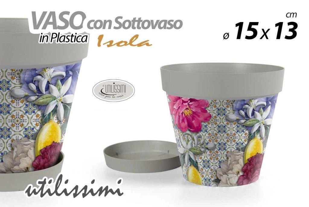 Vaso da Giardino con Sottovaso in Plastica Decoro Isola 15 x 13 cm
