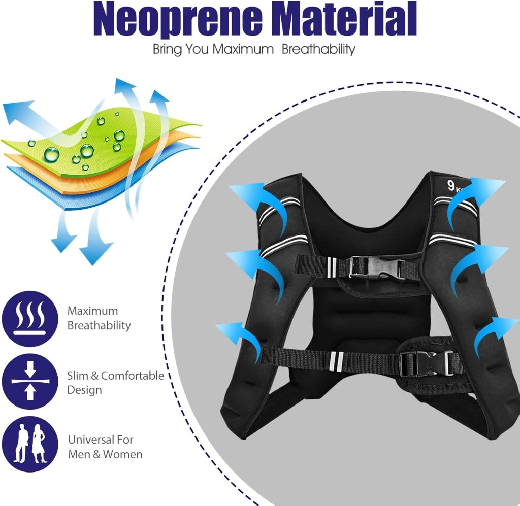 Gilet peso 5/9/15 kg, gilet zavorato in neoprene per allenamenti di peso, gilet da corsa con strisce riflettenti e cinghie regolabili, nero
