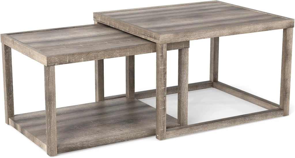 Set di 2 Tavolini Impilabili da Salotto con Ripiano e Struttura in Legno di Gomma, Tavolini Sovrapponibili con Stile Rustico per Soggiorno, Sala d'Attesa e Ufficio, Grigio