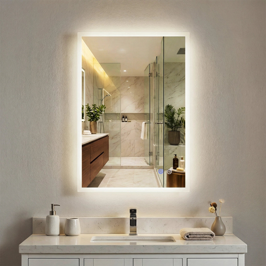 Specchio led bagno parete rettangolare anti-appannamento memoria 3 colori dimmerazione, Specchio vetro temperato infrangibile 70 x 50 cm
