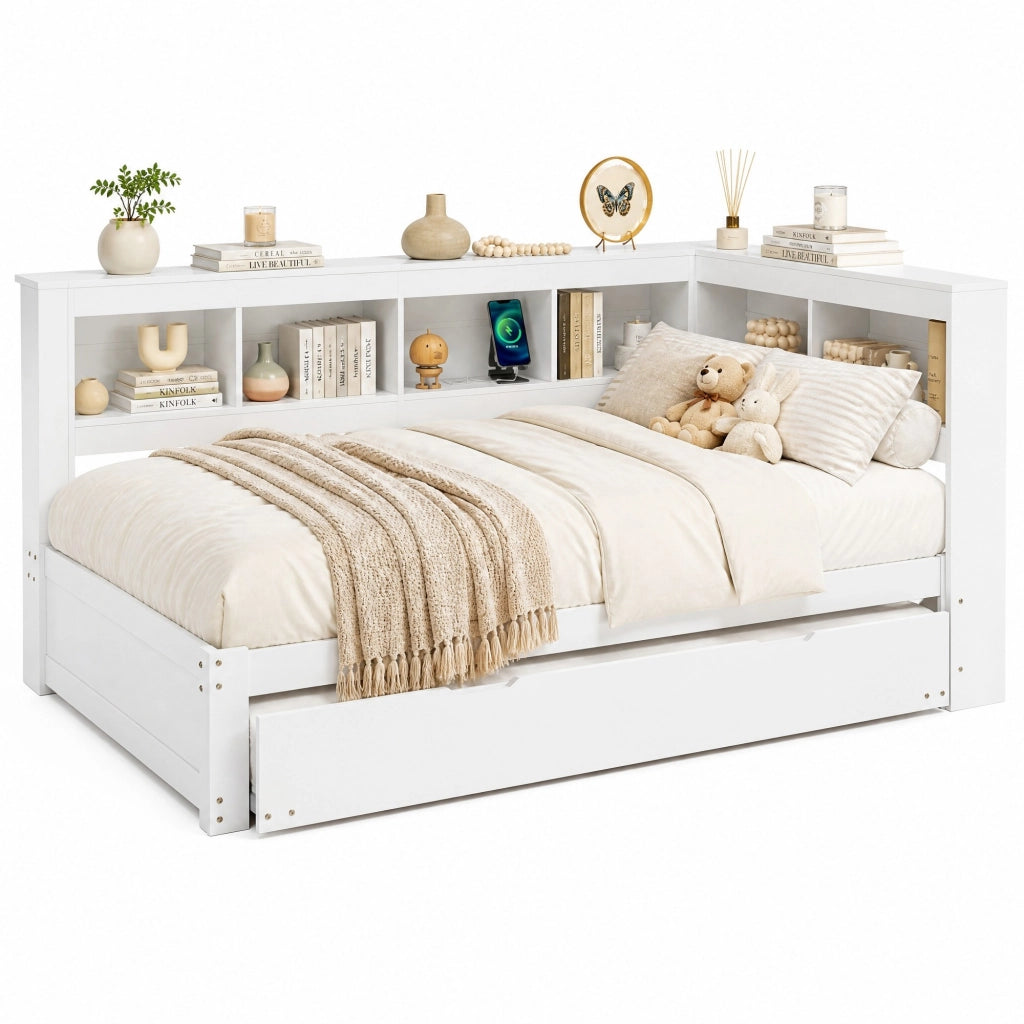 Divano letto bianco 140x200 cm con letto estraibile, prese USB e 2 cassetti