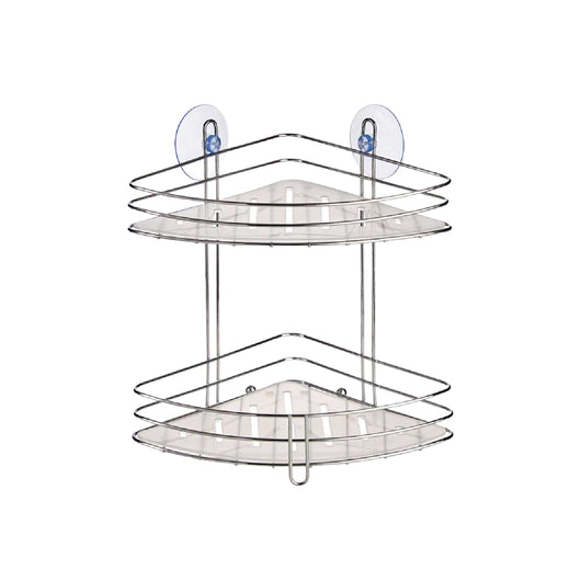 Mensola Angolare Bagno 2Piani Acciaio Cromato Montaggio Fisher o Ventosa 20x20 H26.5cm