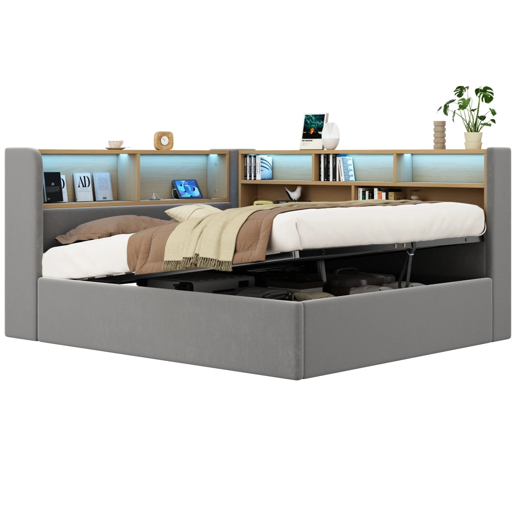 OKWISH Letto a Divano 140×200 cm, Letto Matrimoniale con Contenitore Idraulico, LED Regolabile, USB e Tipo C, senza Materasso, in Velluto, Grigio