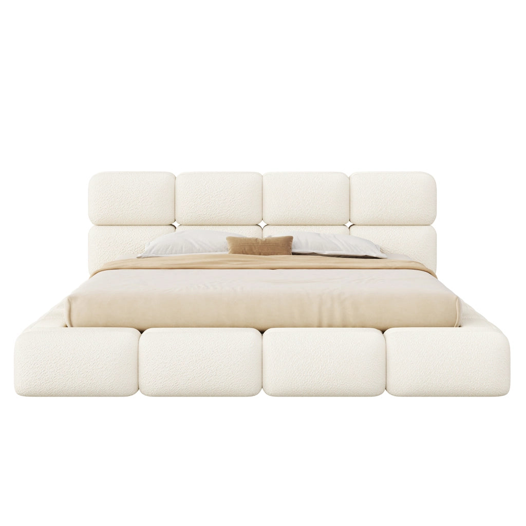 Letto contenitore matrimoniale 200 × 200 cm con sollevamento idraulico, senza materasso, in bouclé bianco