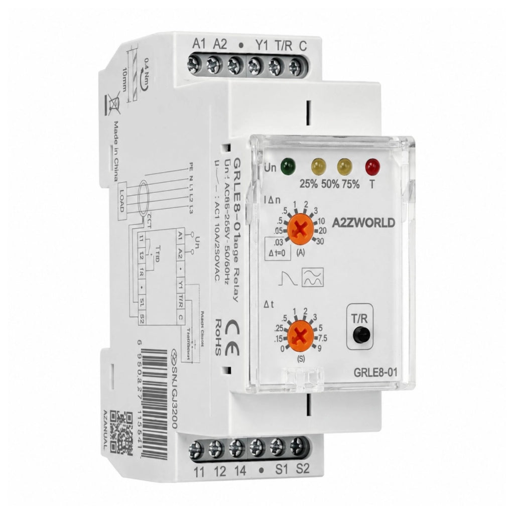 Relè Differenziale Con Toroide Separato, Tipo A Dispersione Regolabile 30mA-30A 220V, Ritardo Regolabile 0-9S, 2 Moduli DIN, Vero RMS