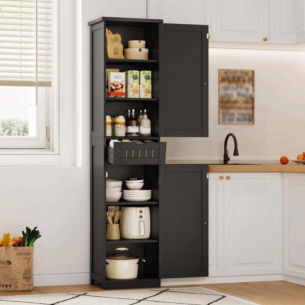 Dispensa alta con 4 ripiani regolabili e 2 ante, stile retrò, per cucina e soggiorno, in MDF, nero, 40 × 30 × 170 cm