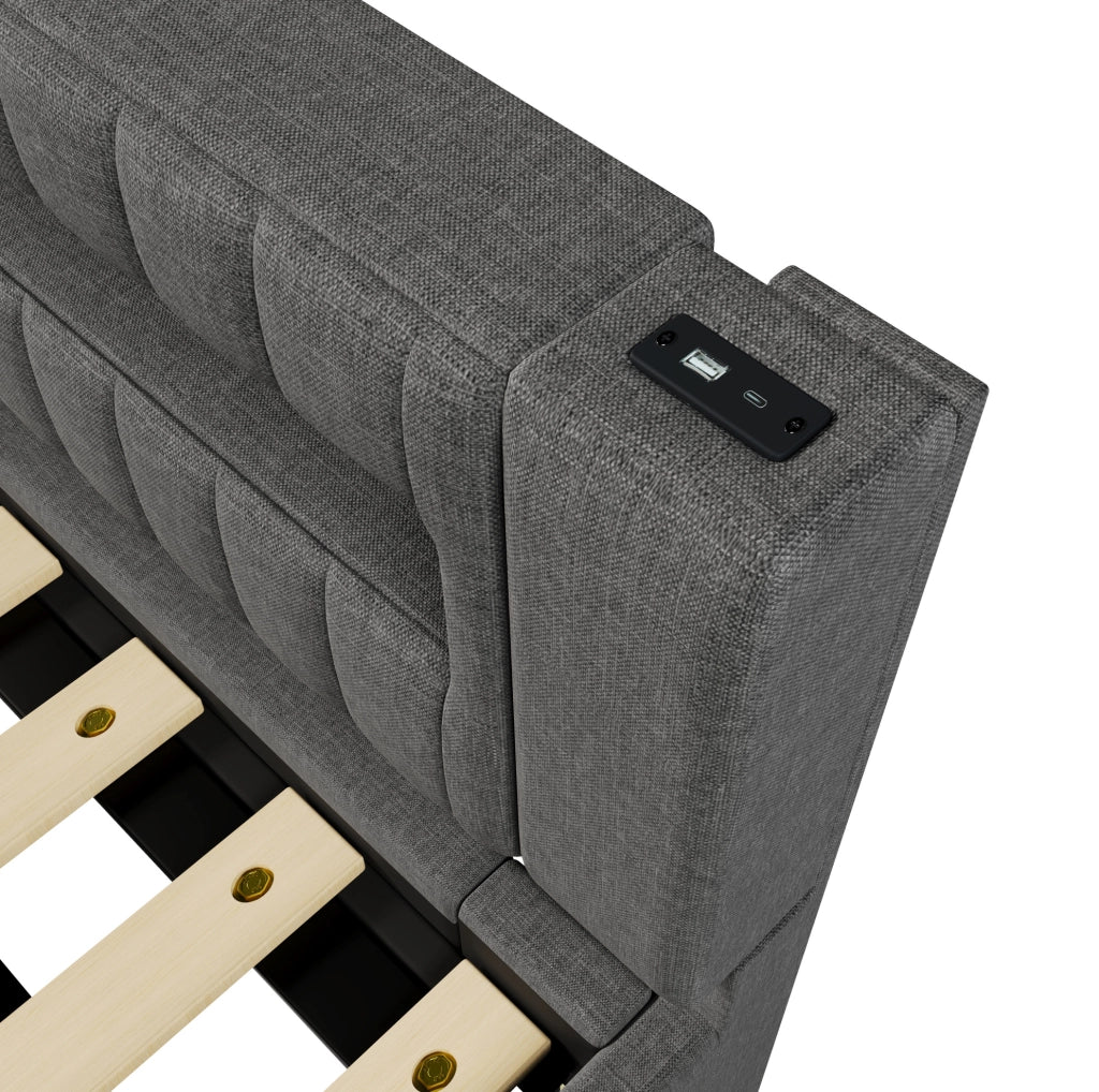 Letto singolo 90x200 cm grigio con LED, USB-C e contenitore idraulico