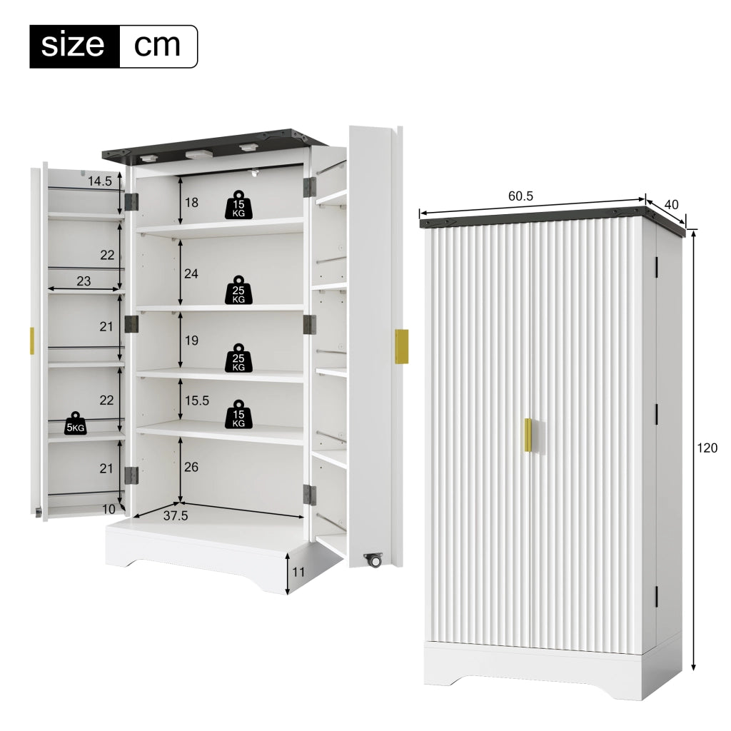 Dispensa alta con LED, 2 ante, ripiani regolabili e vani su porta, per cucina e soggiorno, bianco, 120 × 60,5 × 40 cm