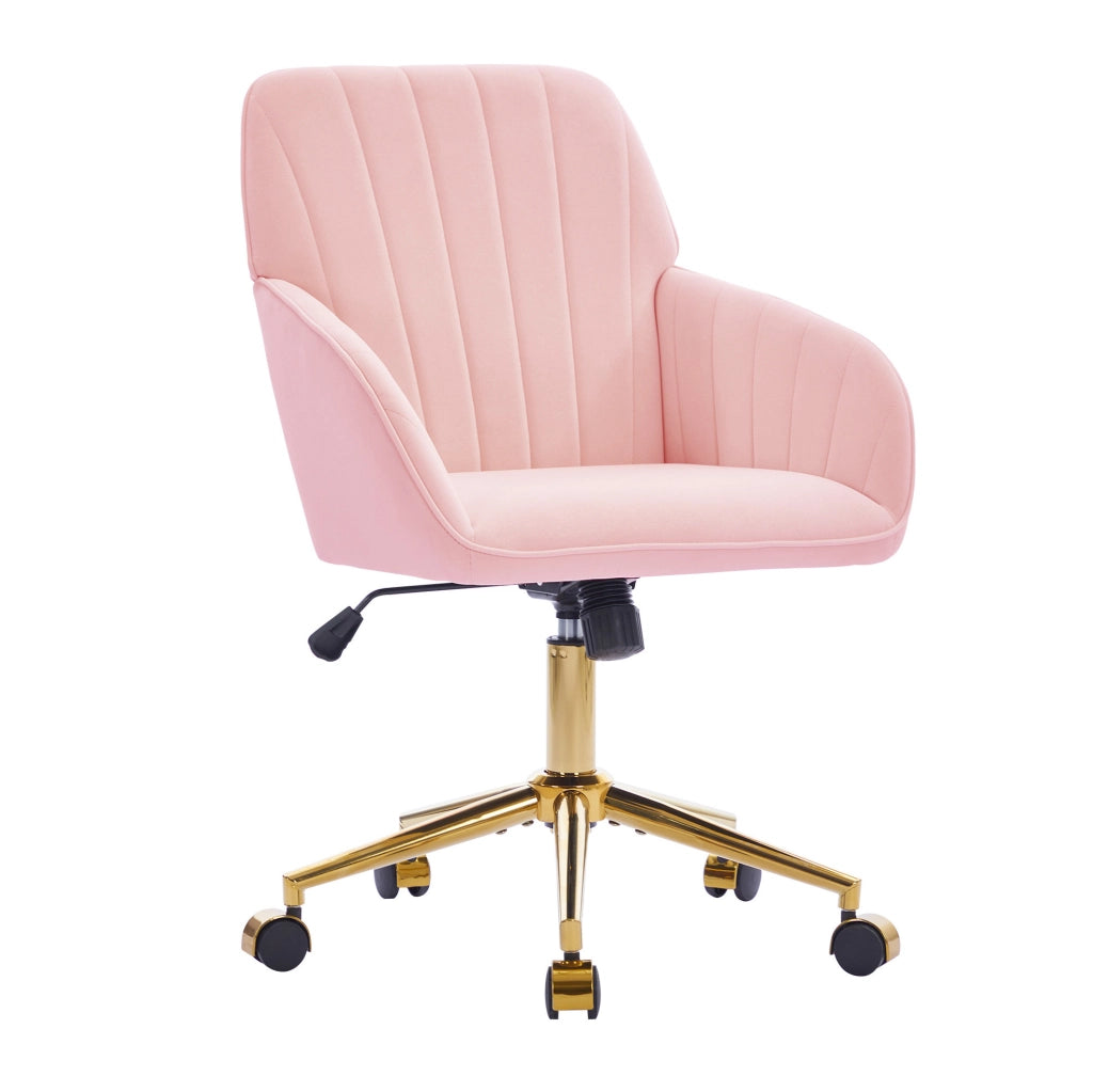 Sedia da ufficio girevole rosa in velluto con altezza regolabile e schienale ergonomico imbottito