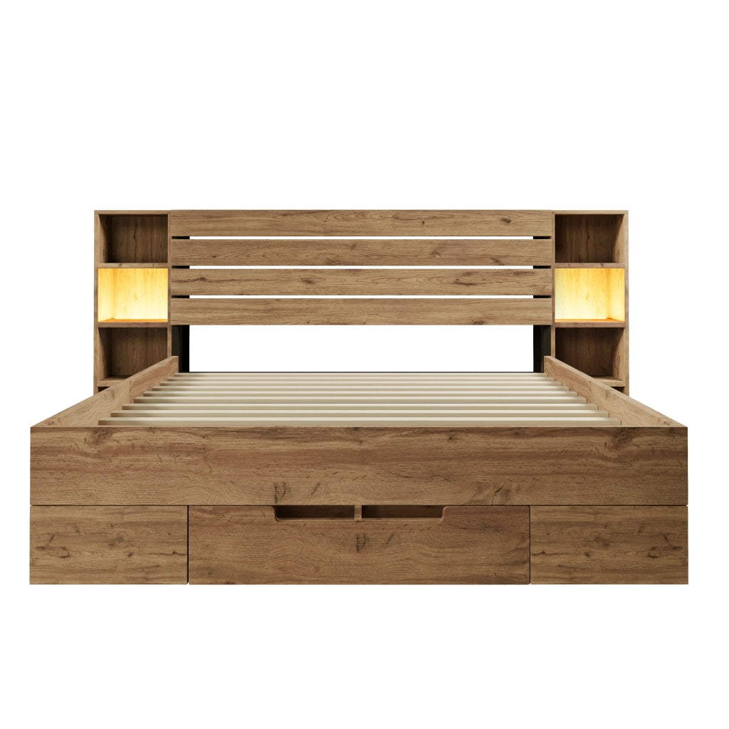 Letto in legno massello – 160x200 cm – LED USBC cassetti – rovere