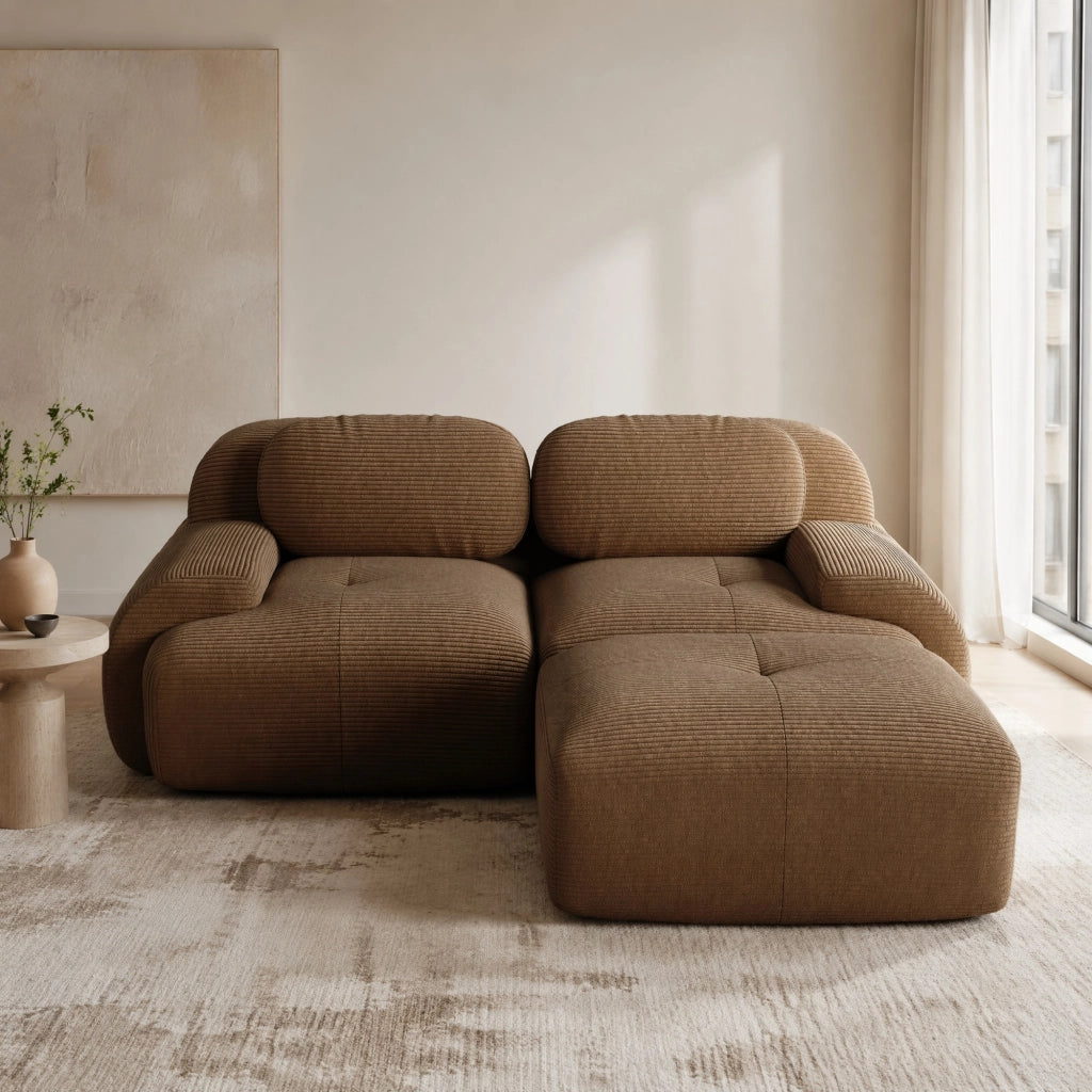 Divano angolare modulare 208x178x70 cm in tessuto a coste marrone; senza montaggio