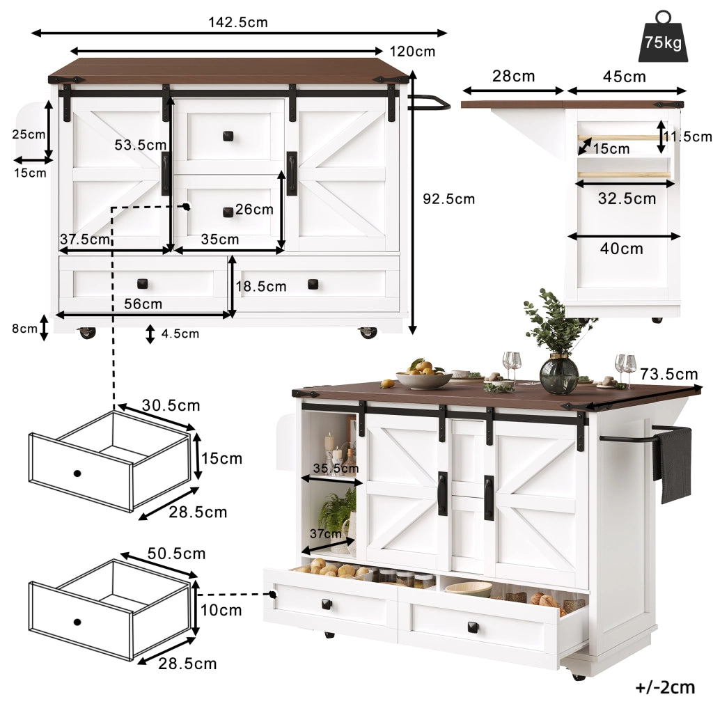 Carrello da Cucina con 2 Ante Scorrevoli e Piano Ribaltabile; per Cucina; in MDF; Bianco