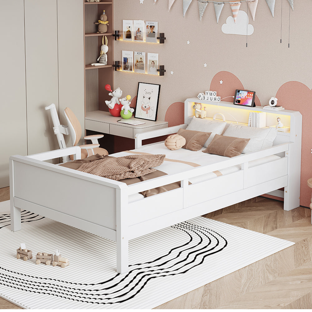 Letto bambino-Xylo-90x200 cm-USB-C, LED, testiera contenitore, bianco