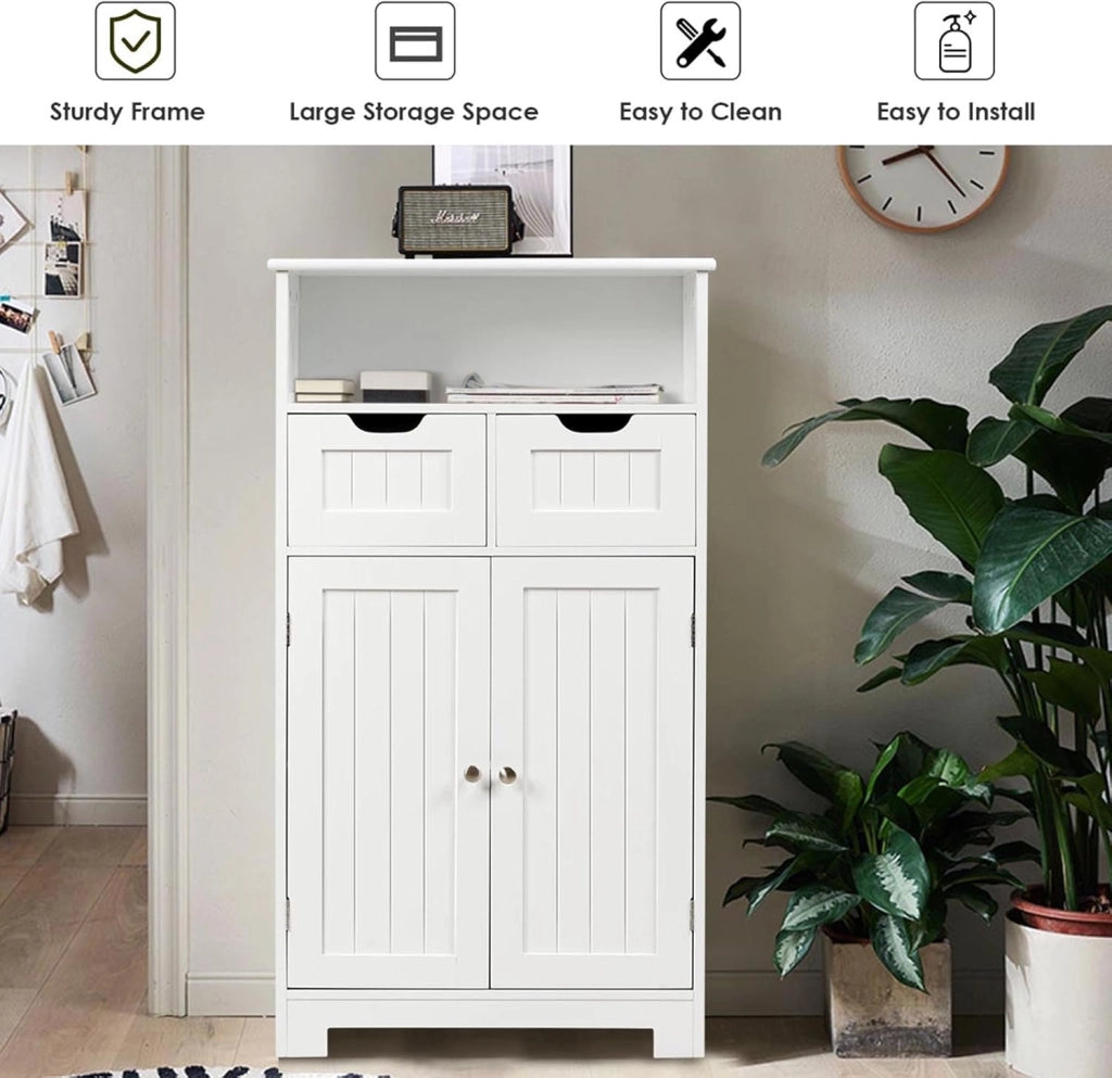Mobile da Bagno con 2 Cassetti e 2 Armadi a Porta, 60 x 30 x 109 cm, Armadietto da Terra Autoportante in MDF, Armadio d’Archivio per Soggiorno, WC, Camera da Letto, Cucina (Bianco)