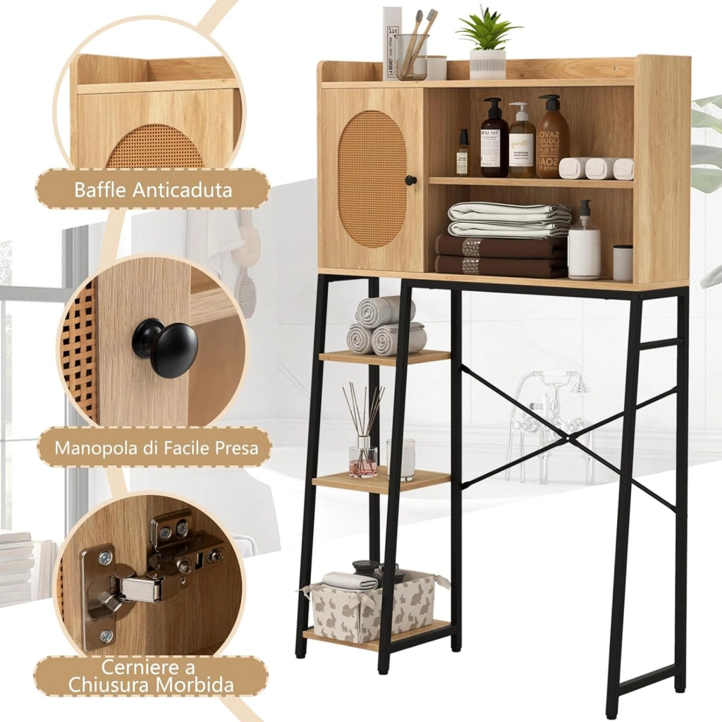 Scaffale Bagno 139cm sopra WC, Mobile Bagno Salvasapzio con Porta in Rattan PE, Ripiani di Stoccaggio Aperti e Supperto in Metallo, Organizzatore sopra Gabinetto, Nero e Marrone