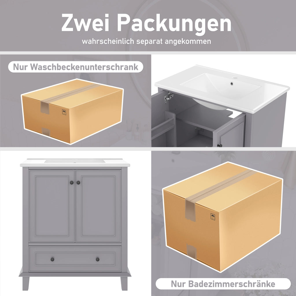 Armadietto da bagno con lavabo in ceramica, 2 ante e 1 cassetto, per bagno, in MDF e ceramica, grigio, 76 × 46 × 87 cm