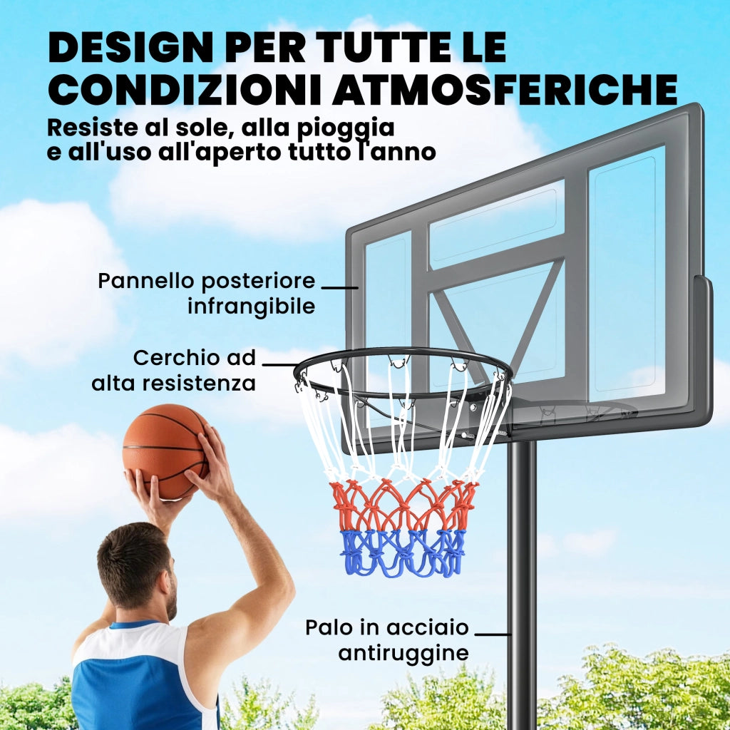 Canestro Basket con Altezza Regolabile 1,3-3 m, Base Riempibile e Ruote, Nero
