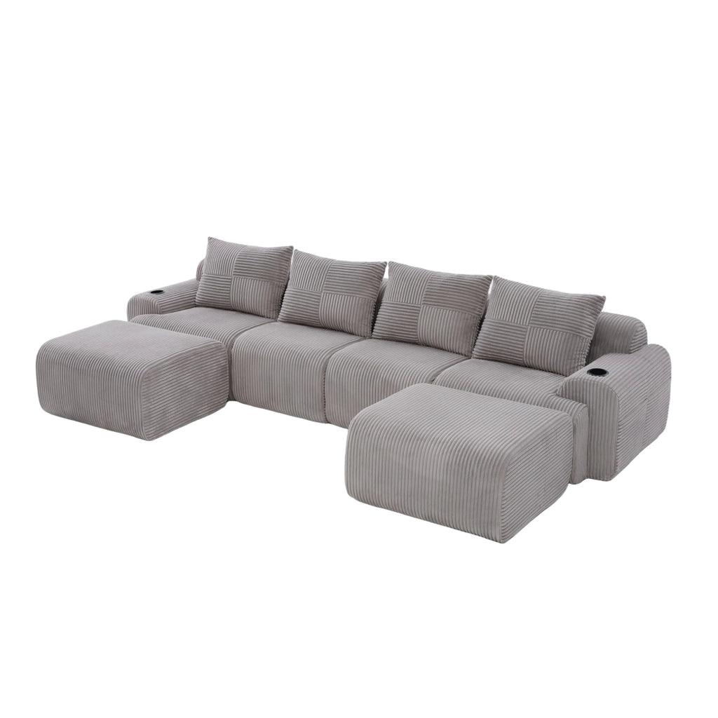 Divano modulare 4 posti in corduroy grigio chiaro con portabicchiere e tasca laterale 333x174x80 cm