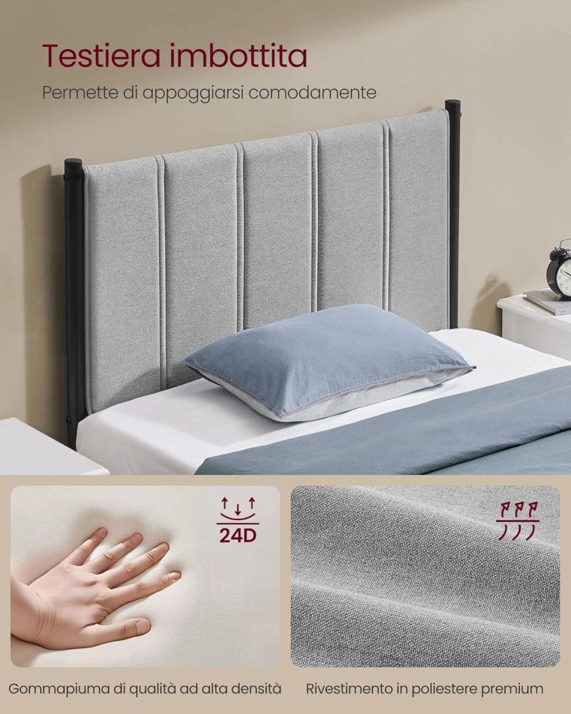 VASAGLE Struttura Letto Singolo, 90 x 200 cm, con Testiera Imbottita, Telaio del Letto, Doghe in Acciaio, Regge fino a 250 kg, Montaggio Facile, Grigio Tortora RMB972G01