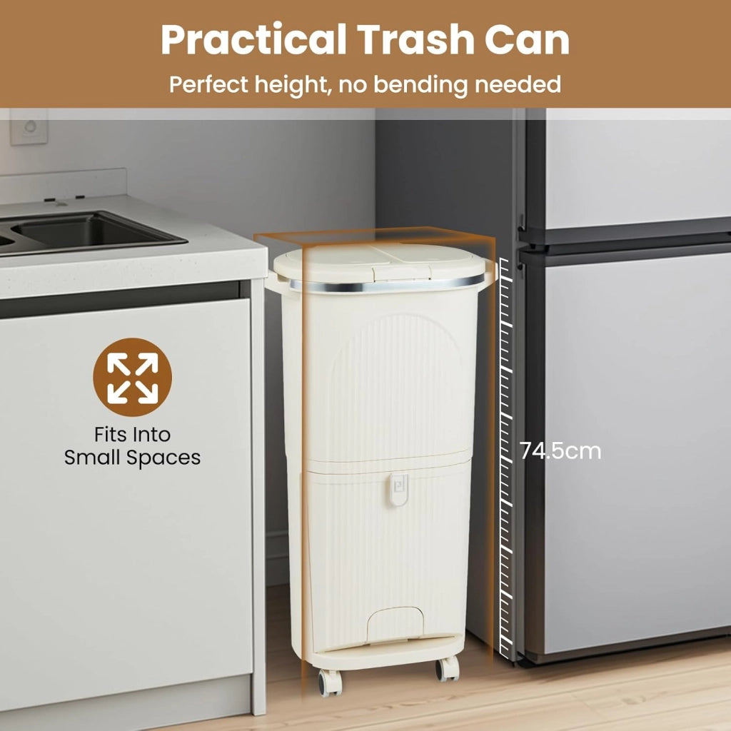 Bidone per Spazzatura Interno 38 L, Pattumiera da Cucina Differenziata a 3 Scomparti con Ruote e Maniglie, Secchio dei Rifiuti in PP on Coperchi a Pressione e Pedale (Beige)