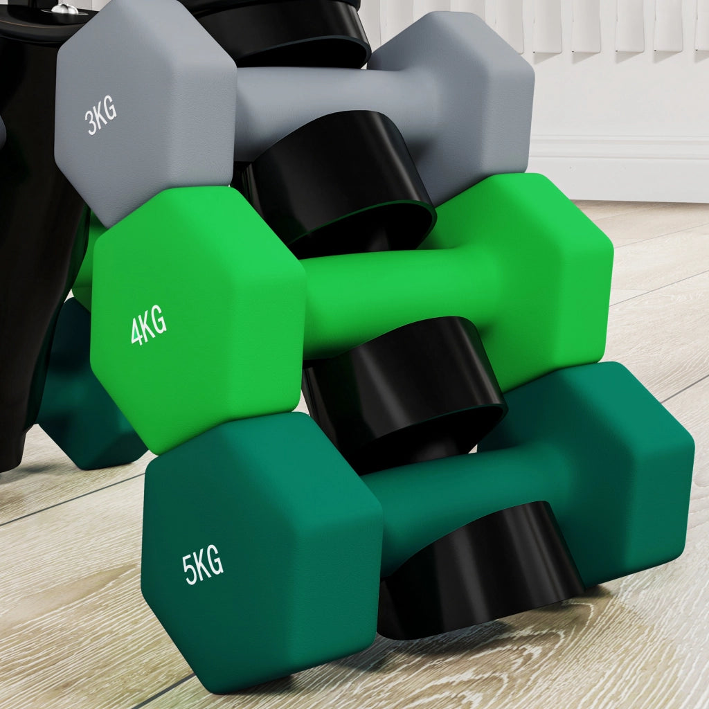 Set 6 Pesi Manubri con Supporto Coppie da 3-4-5 Kg in Metallo Verde e Nero