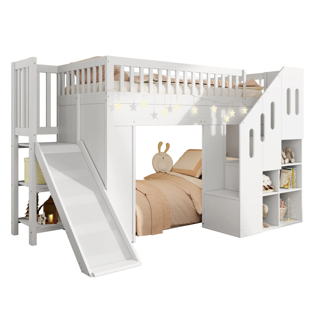 Letto a soppalco per bambini 90x200 cm con scivolo; scala contenitore e LED; in pino bianco