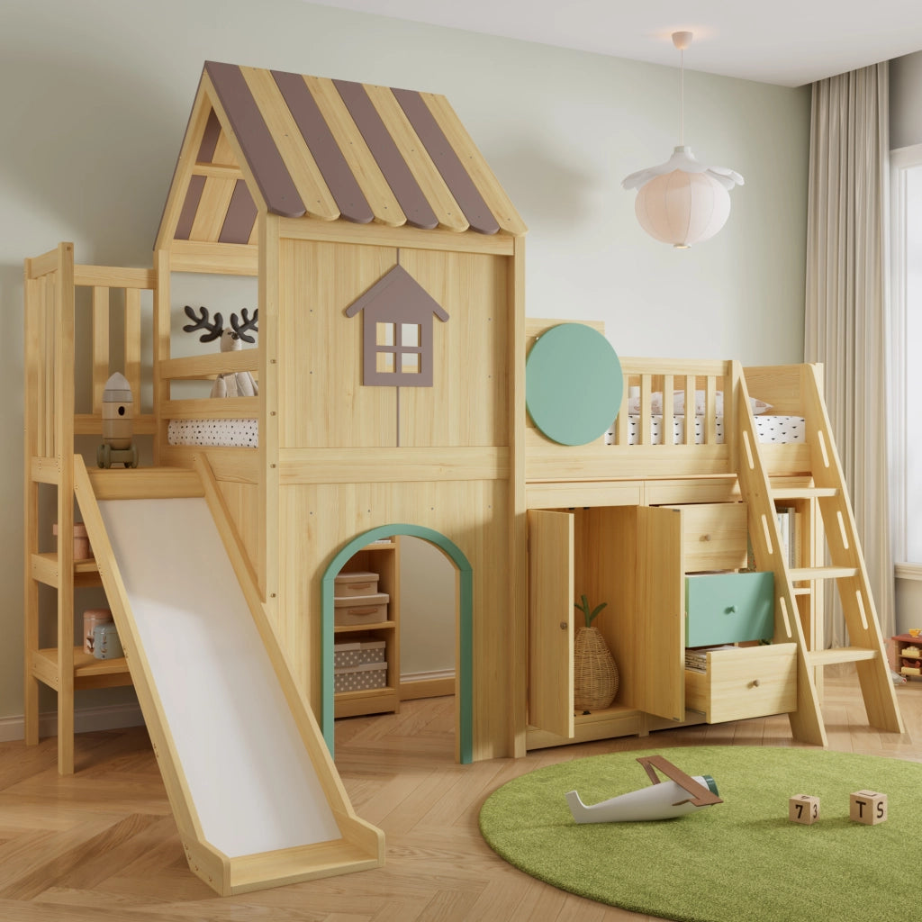 DESMIU Lit mezzanine enfant 90 × 200 cm avec toboggan, escalier 3 marches, rangements, sans matelas