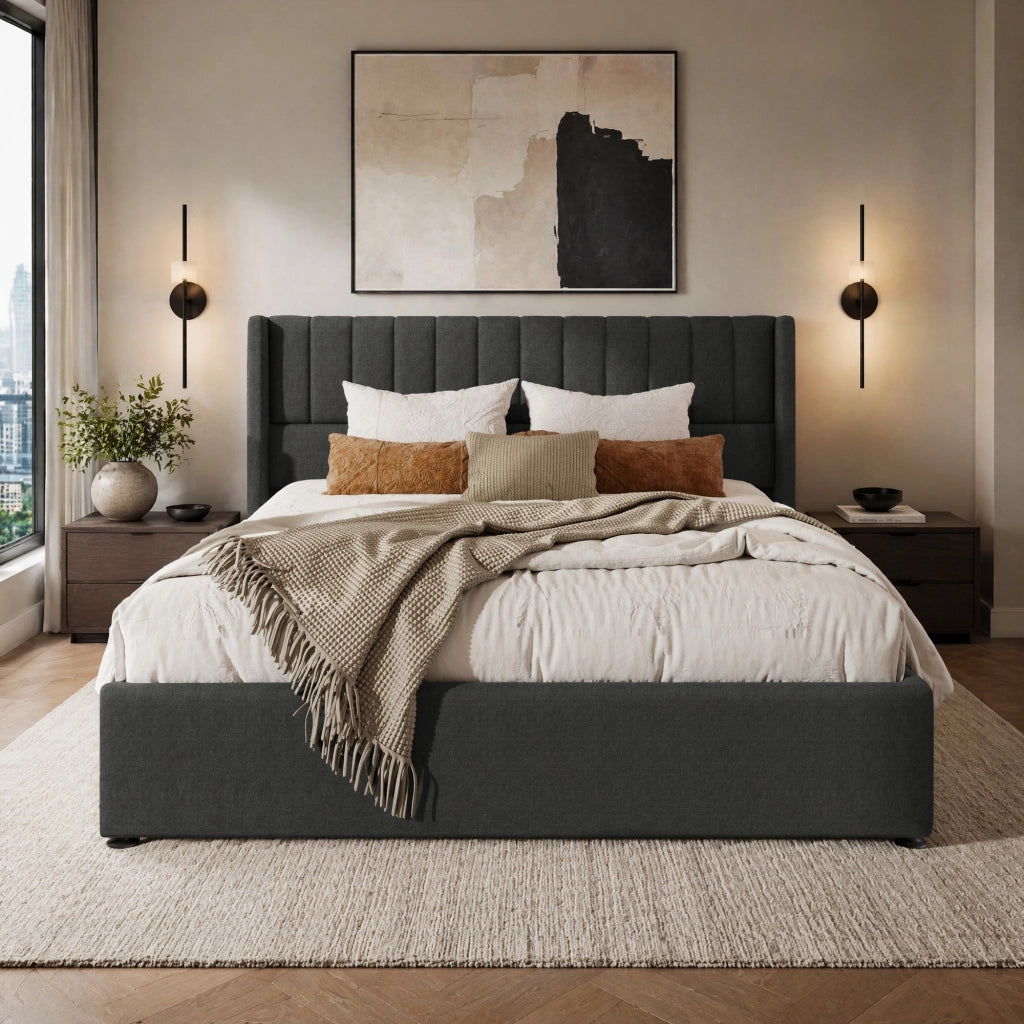 Letto matrimoniale contenitore 160x200 cm con sollevamento idraulico; lino grigio