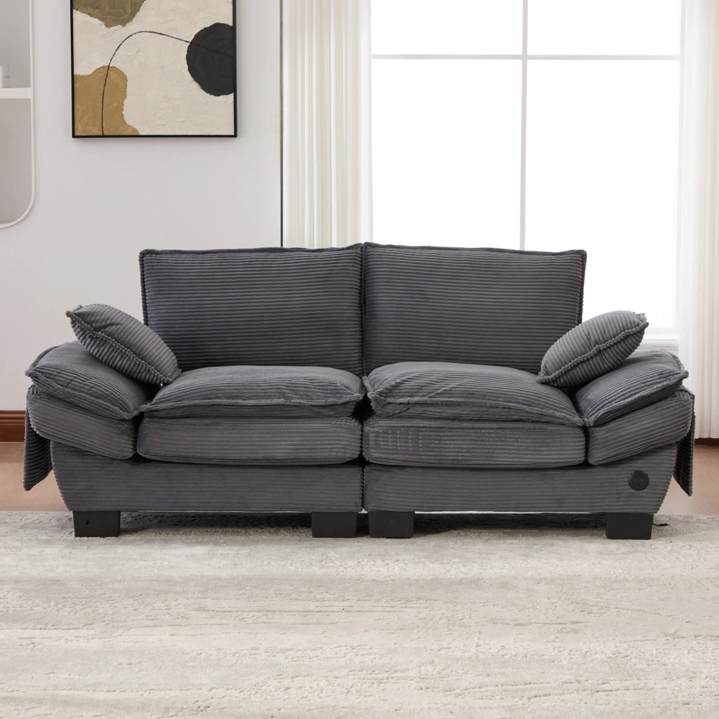 Divano 2 posti in tessuto corduroy grigio scuro; 190x73x84 cm; con porta USB-C e tasche laterali