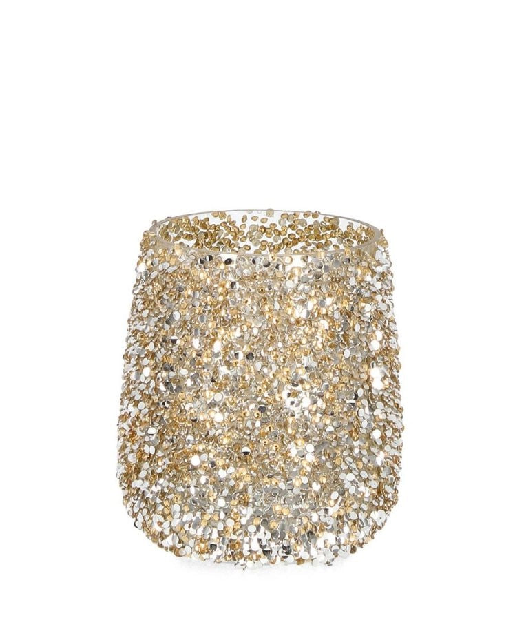 PORTACANDELA VETRO CON BRILLANTINI ORO D10X12H