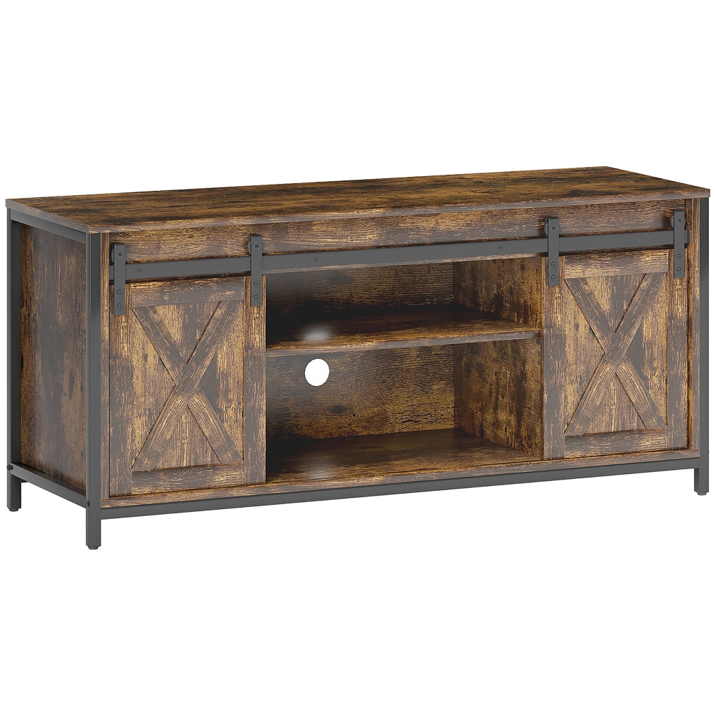 Mobile TV industriale marrone 120x40x54 cm con 2 ante scorrevoli e 6 vani, per TV fino a 60"