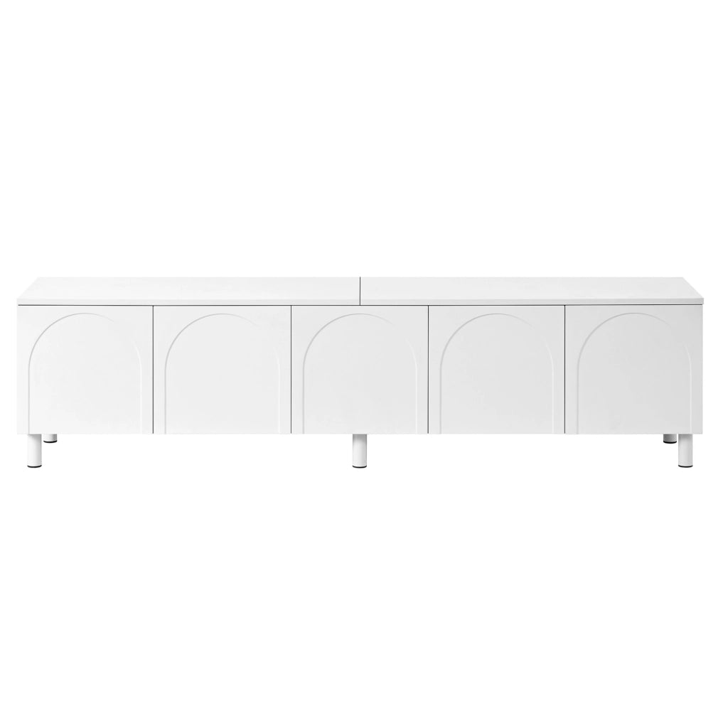 Mobile TV 180x38x45 cm con 5 ante e passacavi; gambe in metallo; in PB e MDF; bianco